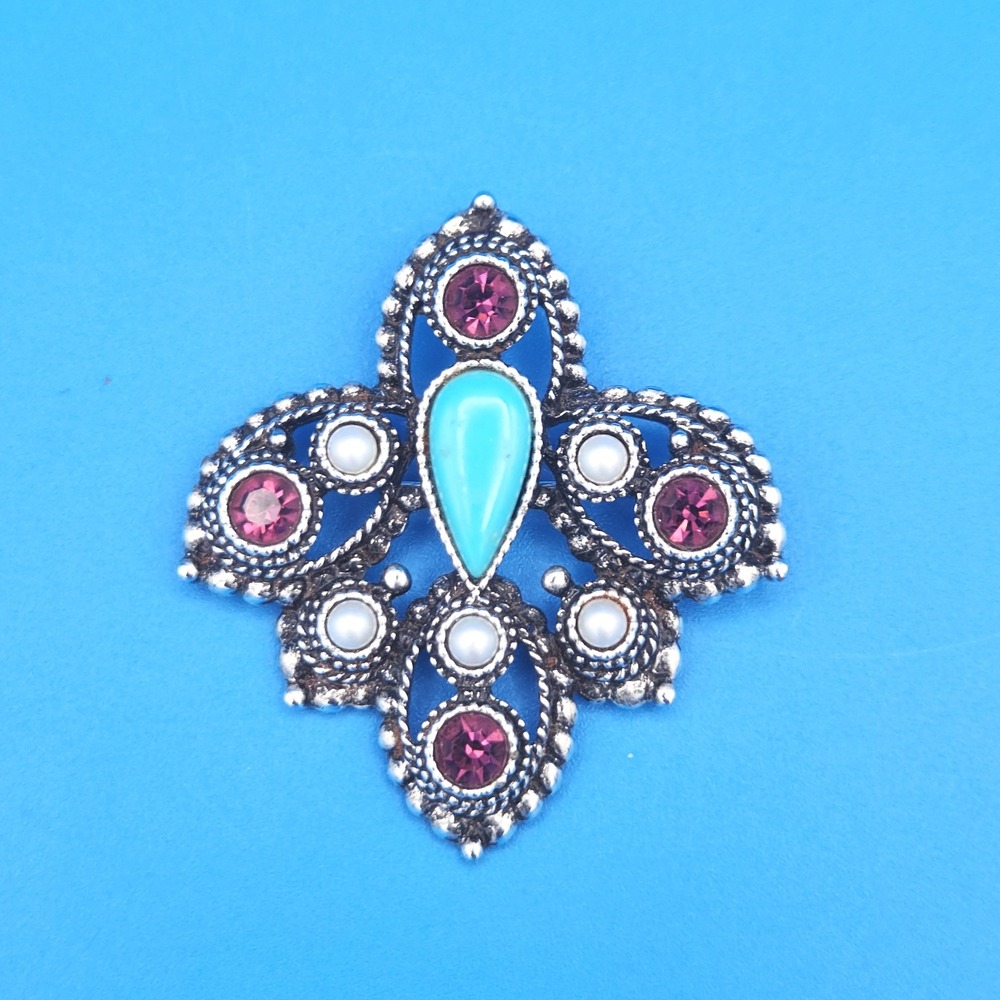 Vintage Sarah Coventry Silver Tone Turquoise Imperial Cross, Fleur-de-Lis Pin